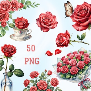 Clipart de rosas vermelhas – 50 PNGs florais em aquarela romântica, buquês de rosas, guirlandas de flores para casamento, design com tema de amor