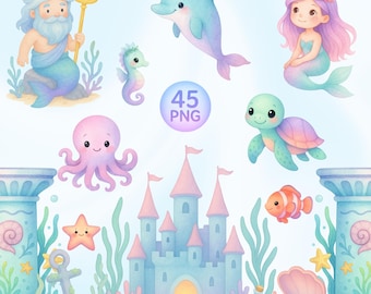 Cute Sea Animals Watercolor Clipart – 45 PNG Ocean Creatures & Elements, Under the Sea Watercolor Bundle, Mermaid, Sea creature,ocean animal