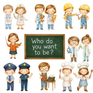 Clipart de Profesiones Infantiles – 50 PNG de Acuarela – Niños Adorables en Trabajos y Herramientas – Paquete de Alta Resolución para Uso Comercial