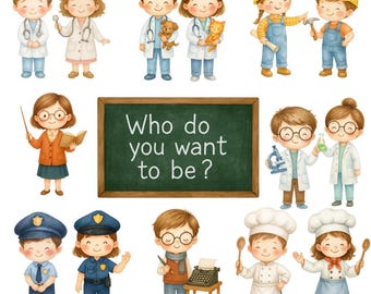 Kids Professions Clipart – 50 Watercolor PNG – Cute Children in Jobs + Tools – High-Res Bundle for Commercial Use