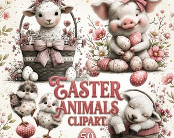 Clipartbundel Pasen dieren – 50 png, schattig konijntje, kuiken, eendje, lam en varken, lente aquarel clipart, babydieren