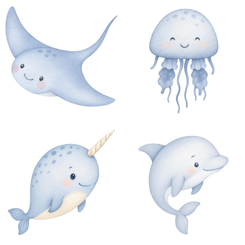 Akvarell undervattens clipart 45 PNG, söta havsdjur PNG, väggkonst för barnrum, babyshowerdekor, valbläckfisk maneter set. Havsdjur bild 6