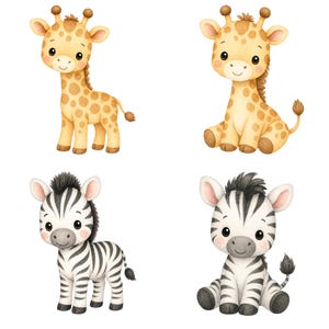May include: Watercolor illustration of four cute safari animals: two giraffes and two zebras. The giraffes are tan with brown spots, and the zebras are black and white striped. One giraffe is standing, the other is sitting. One zebra is standing, the other is sitting.