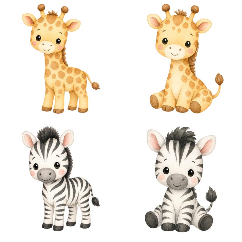May include: Watercolor illustration of four cute safari animals: two giraffes and two zebras. The giraffes are tan with brown spots, and the zebras are black and white striped. One giraffe is standing, the other is sitting. One zebra is standing, the other is sitting.
