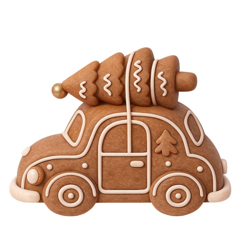 May include: A gingerbread car with a Christmas tree on top. The car is brown with white icing details, including the wheels, windows, and door. A small gold ball sits on the tree. The car is a festive holiday decoration.