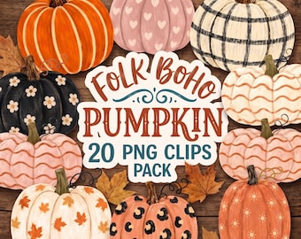 Folk Boho Pumpkin Clipart 20 PNG Bundle, Preppy Fall Pumpkins, Halloween Decor & 2 Seamless Patterns