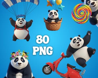 Panda Clipart Bundle – 80 Cute & Funny Panda PNGs, Cartoon Panda Poses, Transparent Background, Sublimation Sticker Pack
