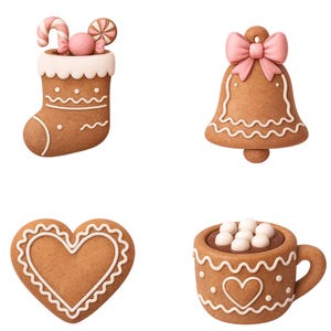 May include: A collection of gingerbread-style Christmas ornaments. Includes a stocking with candy, a bell with a pink bow, a heart, and a mug of hot chocolate with marshmallows. All are decorated with white icing.