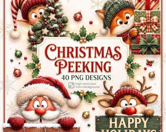 Funny Christmas Peeking Characters 40 PNG Clipart Bundle, Whimsical Snowmen, Gnomes, Reindeer & Santa for Cards and Sublimation