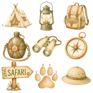 May include: Watercolor illustration of safari-themed items. Includes a tent, lantern, backpack, canteen, binoculars, compass, sign that says "SAFARI", paw prints, and a safari hat. The items are in shades of tan, green, and brown.