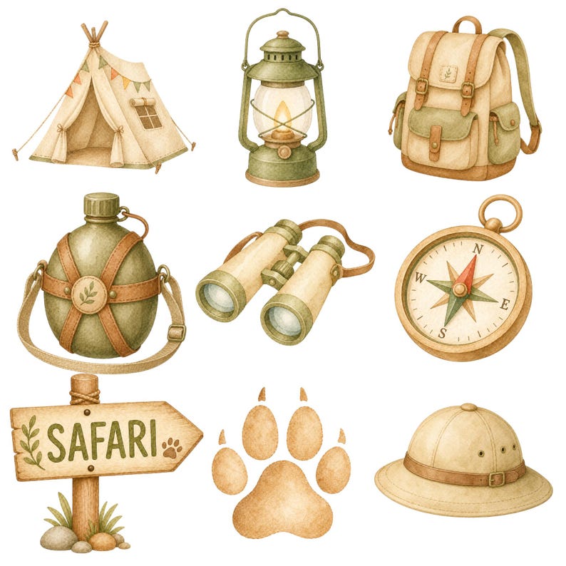 May include: Watercolor illustration of safari-themed items. Includes a tent, lantern, backpack, canteen, binoculars, compass, sign that says "SAFARI", paw prints, and a safari hat. The items are in shades of tan, green, and brown.