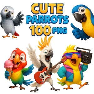 Imágenes prediseñadas de loros lindos: 100 aves tropicales de dibujos animados PNG, conjunto de imágenes prediseñadas de loros, loros imprimibles, paquete de loros
