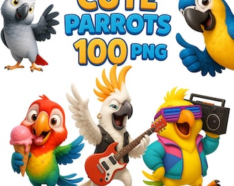 Cute Parrots Clipart – 100 Tropical Cartoon Birds PNG, Parrot Clipart Set, Printable Parrots, Parrot Bundle