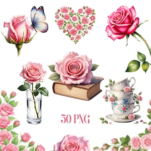 Pink Roses Watercolor Clipart – 50 Romantic Floral PNGs, Hand-Painted Roses Bundle for Invitations, Wall Art & Design