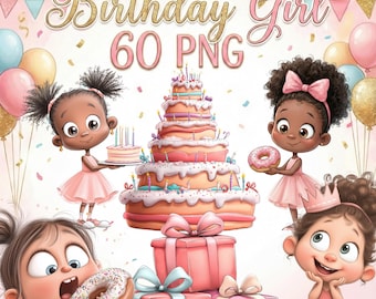 May include: A digital illustration featuring the text "Birthday Girl 60 PNG" with cartoon girls, a multi-tiered cake, donuts, and wrapped gifts. The color palette includes pink, gold, and pastel tones, with confetti and balloons.