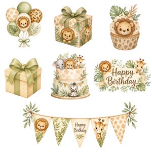 May include: Watercolor illustrations of safari-themed birthday decorations. Includes balloons, gift boxes, a cupcake, a two-tiered cake, and a banner. The decorations feature lions, giraffes, and zebras, with the words "Happy Birthday" on a banner.