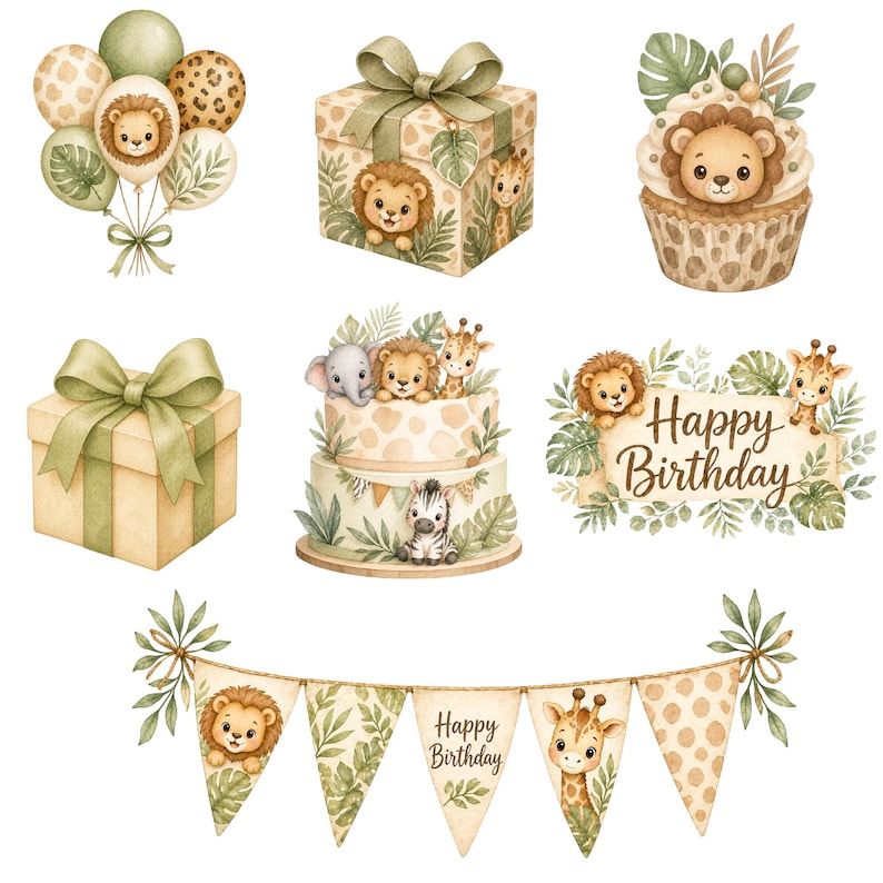 May include: Watercolor illustrations of safari-themed birthday decorations. Includes balloons, gift boxes, a cupcake, a two-tiered cake, and a banner. The decorations feature lions, giraffes, and zebras, with the words "Happy Birthday" on a banner.