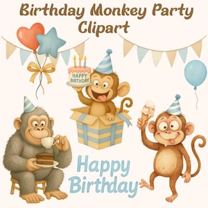 Cute Birthday Monkeys Watercolor Clipart – 25 Party Monkeys PNG, Jungle Animal Birthday Set for Kids Decor, Cards & Sublimation
