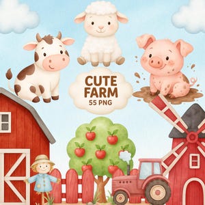 Cute Farm Watercolor Clipart – 55 PNG Farm Animals, Farmers, Barns & Rustic Elements, Transparent Background