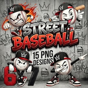 May include: A digital graphic design featuring baseballs with animated faces, wearing black caps with crowns, and red and black sneakers. The text "Street Baseball" is displayed prominently, along with "15 PNG Designs". The background is a graffiti-covered wall.