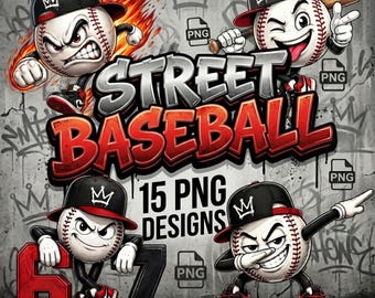 Straathonkbal clipartbundel 15 png, stedelijke cartoon honkbalmascotte, T-shirtontwerp, sportkarakterpakket, graffitistijl, commercieel gebruik