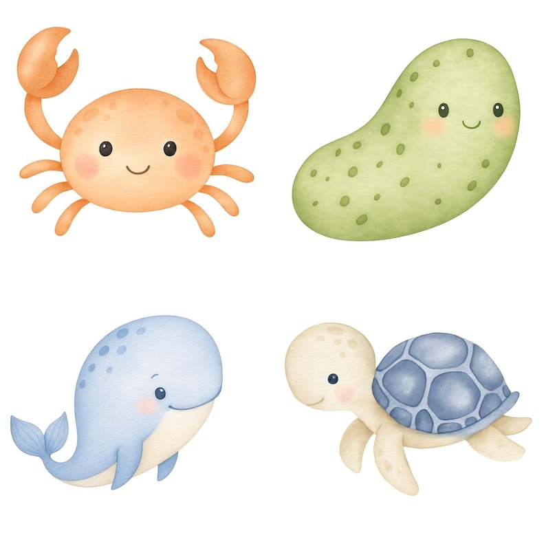Akvarell undervattens clipart 45 PNG, söta havsdjur PNG, väggkonst för barnrum, babyshowerdekor, valbläckfisk maneter set. Havsdjur bild 3