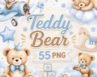 Babyjongen Teddybeer Clipart Bundel | 55 Aquarel PNG Babykamer Elementen | Blauwe Teddyberen | Babyshower Clipart