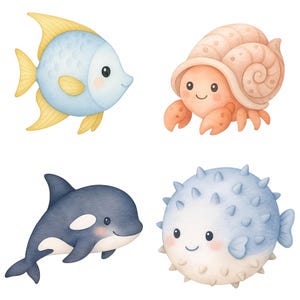 Akvarell undervattens clipart 45 PNG, söta havsdjur PNG, väggkonst för barnrum, babyshowerdekor, valbläckfisk maneter set. Havsdjur bild 4