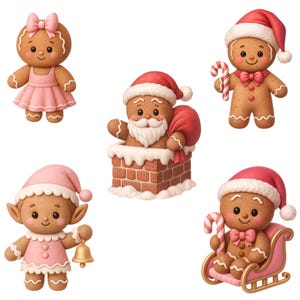May include: A collection of five gingerbread cookie figures in a festive Christmas theme. The figures include a gingerbread girl in a pink dress, a gingerbread Santa in a chimney, and a gingerbread elf. Other figures include a gingerbread man with a candy cane and a gingerbread man in a sleigh.