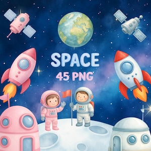 May include: A watercolour illustration of space elements, including rockets, astronauts, satellites, and a planet Earth. The image features the text "SPACE 45 PNG". The colour scheme is soft, with pinks, blues, and greens, creating a whimsical space scene.
