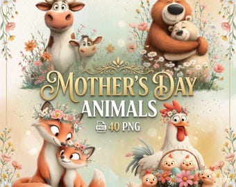 Moederdag dieren clipart – 40 aquarel moeder en baby png, schattige dieren moeders bundel, kinderkamer clipart