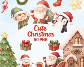 Cute Watercolor Christmas Clipart- 50 PNG, Santa, Reindeer, Snowman, Chirstmas PNG, Xmas Characters & Illustrations
