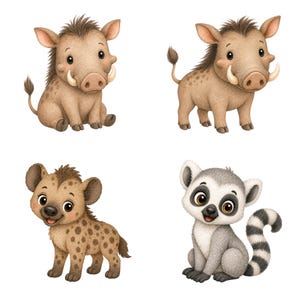 May include: Four cartoon illustrations of African animals: two warthogs, a hyena, and a lemur. The warthogs are brown with tusks. The hyena is tan with brown spots. The lemur is gray and white with a striped tail.