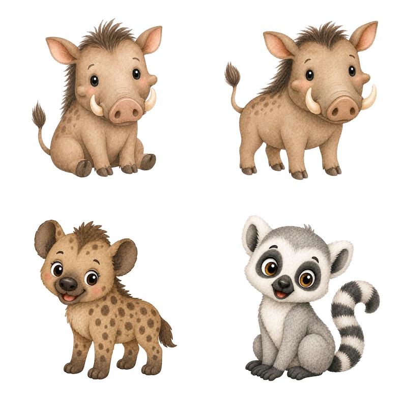 May include: Four cartoon illustrations of African animals: two warthogs, a hyena, and a lemur. The warthogs are brown with tusks. The hyena is tan with brown spots. The lemur is gray and white with a striped tail.