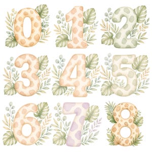 May include: Watercolor illustrations of numbers 0 through 8, each with a giraffe print pattern. The numbers are surrounded by green and tan tropical leaves. The numbers are in a soft, pastel color palette.