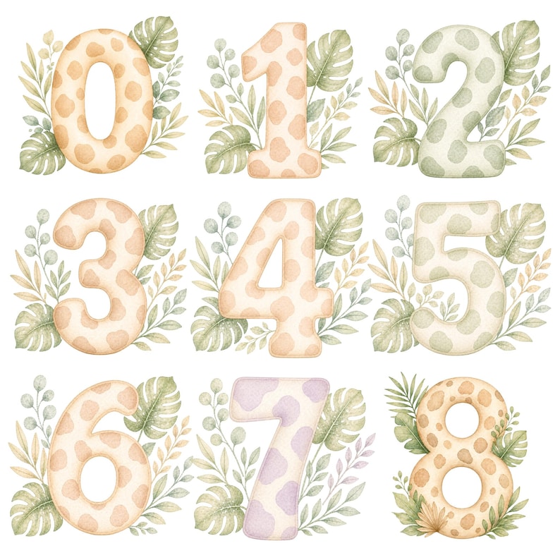 May include: Watercolor illustrations of numbers 0 through 8, each with a giraffe print pattern. The numbers are surrounded by green and tan tropical leaves. The numbers are in a soft, pastel color palette.