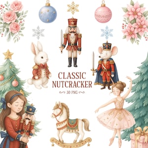 Puede incluir: Ilustraciones en acuarela con elementos navideños y festivos. La imagen incluye un cascanueces, una bailarina, un conejo blanco, un ratón, adornos navideños, copos de nieve y un caballito balancín. También se incluye el texto "CLASSIC NUTCRACKER 30 PNG".