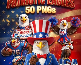 American Eagle-bundel: 50 png-afbeeldingen patriottische adelaar, cartoonstijlmascottes, 4 juli