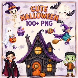 Könnte beinhalten: Eine digitale Sammlung von Halloween-Grafiken mit einem Skelett, einem Geist, einem Vampir, einer Hexe auf einem Besen, einem Frankenstein-Monster, einem Spukhaus, einem Cupcake und Fledermäusen mit dem Text CUTE HALLOWEEN 100+ PNG.