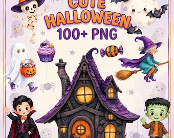 Cute Halloween Clipart 100+ PNG, Watercolor Halloween Bundle, Kids in Costumes, Witches, Ghosts, Pumpkins & 2 Seamless Patterns