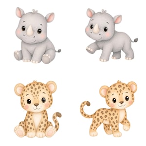 May include: Watercolor illustrations of four baby animals: two gray rhinoceroses and two tan leopards with brown spots. The animals have large eyes and are in various poses, including sitting and walking. The background is white.