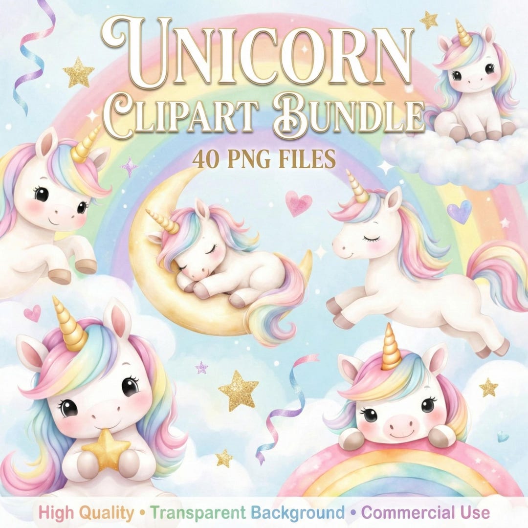Pastel Unicorn Birthday Clipart – 40 PNG, 4096×4096, Watercolor ...