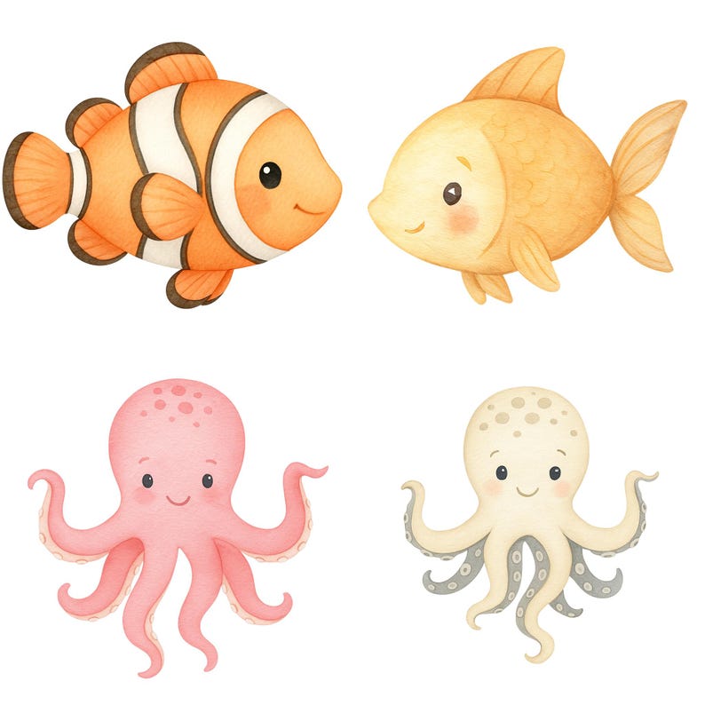 Akvarell undervattens clipart 45 PNG, söta havsdjur PNG, väggkonst för barnrum, babyshowerdekor, valbläckfisk maneter set. Havsdjur bild 5