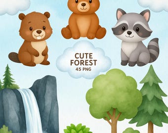Cute Forest Animals Clipart Bundle – 45 Watercolor Woodland Animals & Forest Elements | PNG, Transparent Background