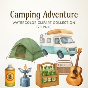 Camping Watercolor Clipart – 25 PNG Forest Camping Elements, Tent, Campfire, Trees Backpack for Adventure Decor Sublimation