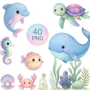 Schattige zeedieren aquarel clipart – 40 png-zeedieren en elementen, onder de zee aquarel bundel, kinderkamer kunst, sublimatie