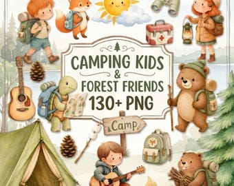 Camping Kids & Forest Friends Clipart Bundle – 130+ PNG Watercolor Adventure Set, Cute Animals, Summer Camp, Nursery Decor
