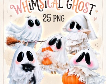 Halloween Ghost Clipart 25 PNG, Whimsical Shabby Chic Ghosts, Cute Ghost PNG, Vintage Halloween Clipart, Fall Sublimation Design