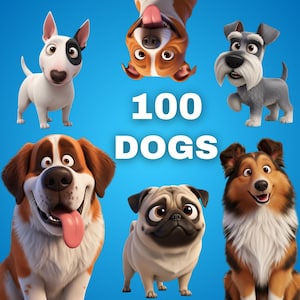 Może przedstawiać: Niebieskie tło z tekstem "100 DOGS" i kreskówkowymi ilustracjami różnych ras psów, w tym bulteriera, buldoga, sznaucera, bernardyna, mopsa i owczarka szkockiego.