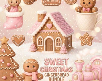 かわいいジンジャーブレッドのクリップアート 30 PNG | ピンクのクリスマスクッキー | スイートホリデーベーカリー | クリスマスクッキーのクリップアートバンドル